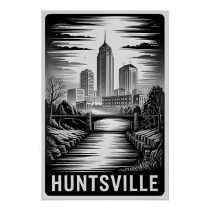 Póster Panorama de Huntsville Alabama en negro y blanco e