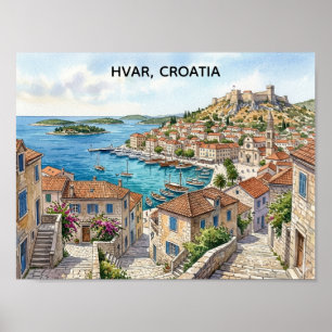 Póster Panorama de Hvar Croacia Vista de Acuarela Viajes