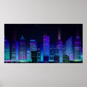 Póster Panorama de la ciudad nocturna con neón resplandec