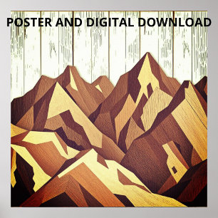 Póster Panorama de montaña sobre fondo rústico de madera