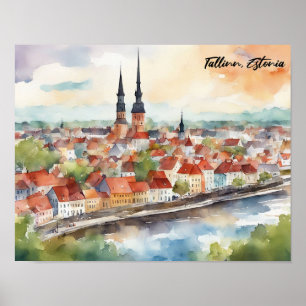 Póster Panorama de pintura en acuarela de Tallin Estonia