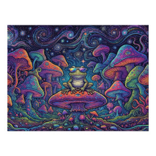 Póster Panorama de rana en bosque de hongos psicodélico y