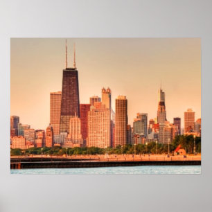 Póster Panorama del horizonte de Chicago al amanecer