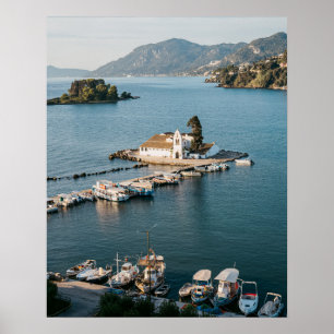 Póster Panorama del monasterio de Vlacherna en Corfu Town