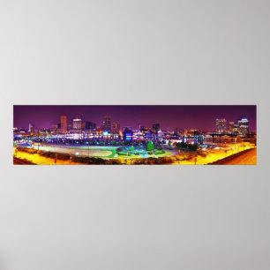 Póster Panorama del Skyline nocturno del puerto interior 