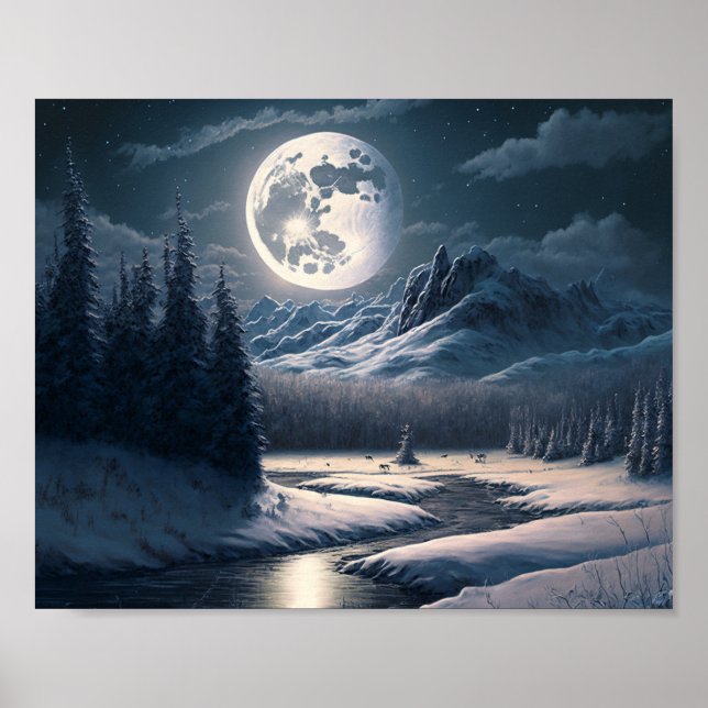 Póster Panorama nevado de la luna llena (Frente)
