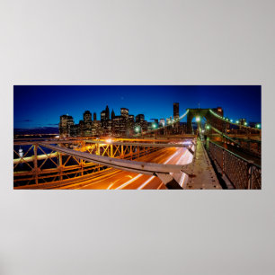 Póster Panorama NYC de la noche del puente de Brooklyn