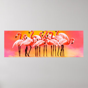 Póster Panorama of pink flamingos on a bright pink backgr