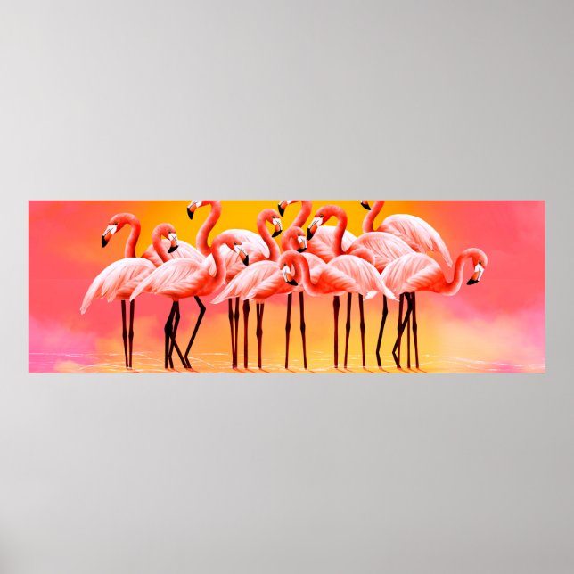 Póster Panorama of pink flamingos on a bright pink backgr (Frente)