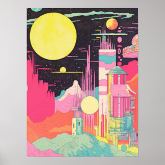 Póster Panorama planetario: Una ciudad animada y una Fusi