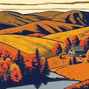 Póster Panorama rural en cálidos colores pasteles estilo 