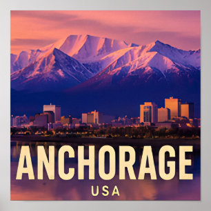 Póster Panorama urbano de Anchorage Alaska nevado