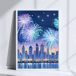 Póster Panorama Urbano de Fuegos Artificiales Acuarela