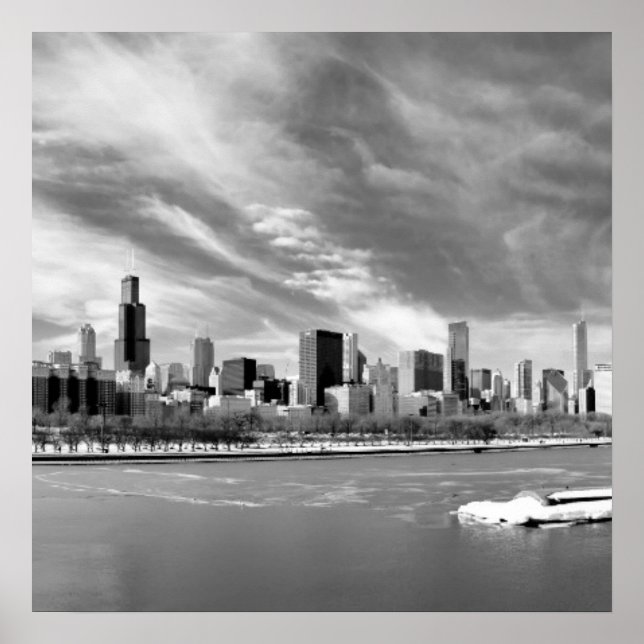 Póster Panoramic view of Chicago skyline in winter (Frente)