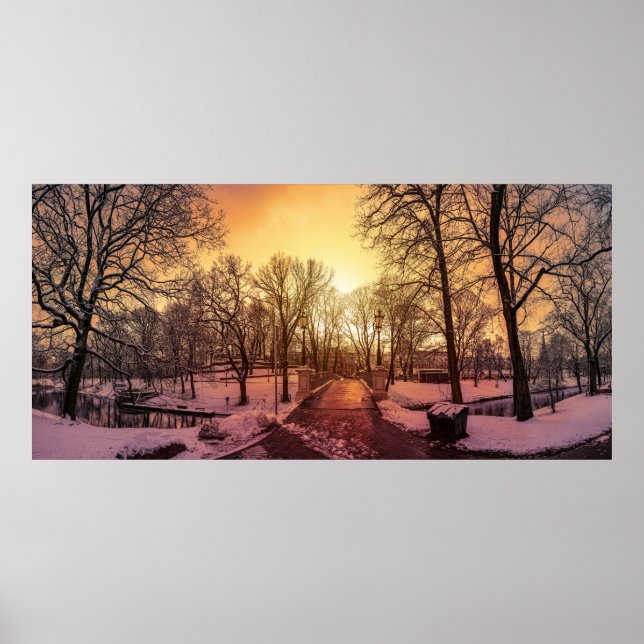 Póster Panoramic view of snowy park during sunset in Riga (Frente)