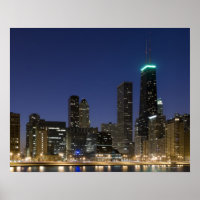 Panoramic view of the Chicago lakefront at dusk,