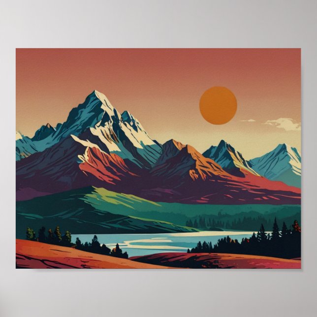 Póster panorámico de montaña modernista de mediado (Frente)
