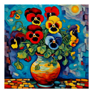 Póster Pansies mixtos en jarrón