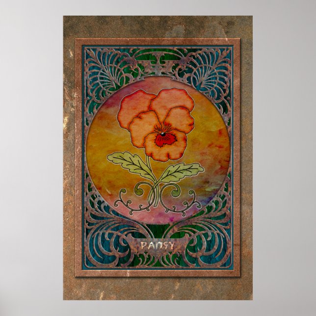 Póster Pansy de Art Nouveau en un marco mucha de cobre (Frente)