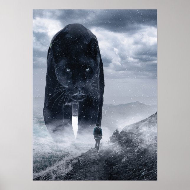 Póster Pantera gigante contra hombre, motivación de menta (Frente)
