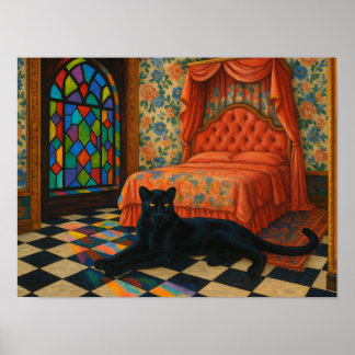 Póster Pantera Mística en Dormitorio de Vidrio Emplomado