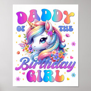 Póster Papá de la niña cumpleañera Unicornio Flor Familia