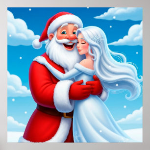 Póster Papá Noel abrazando a una Reina de Nieve