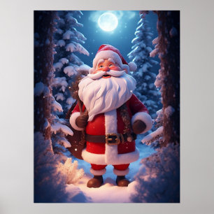 Póster Papá Noel Alegre En Bosque Nevado