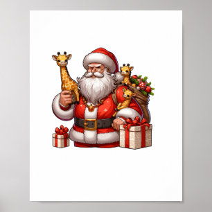 Póster Papá Noel americano sosteniendo un regalo de jiraf