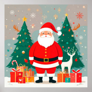 Póster Papá Noel con árbol de Navidad y regalos