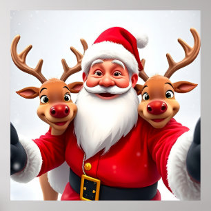 Póster Papá Noel con renos celebrando la Navidad
