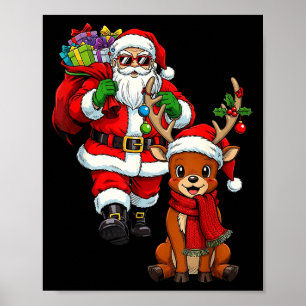 Póster Papá Noel con renos y Navidad genial