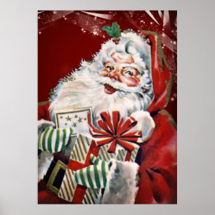 Póster Papá Noel de época con muchos regalos