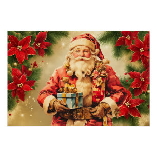Póster Papá Noel de Navidad con Poinsettia