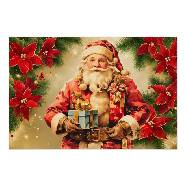 Póster Papá Noel de Navidad con Poinsettia (Anverso)