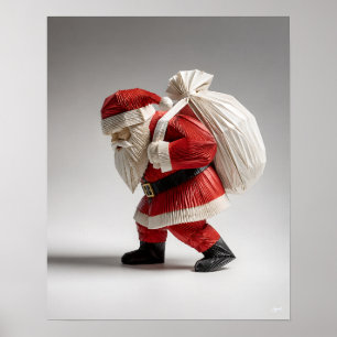 Póster Papá Noel de origami llevando regalos