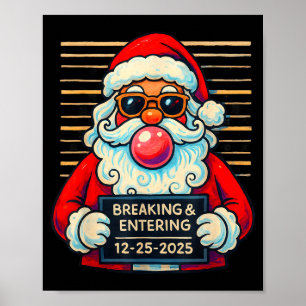 Póster Papá Noel Divertido Rompiendo y Entrando Navidad