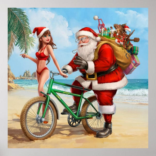 Póster Papá Noel en la playa, ¡Feliz Navidad! (Frente)