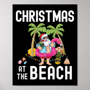 Póster Papá Noel en palmera surf en verano Navidad en la