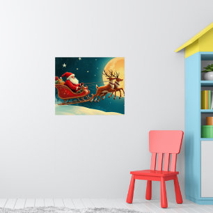 Póster Papá Noel en trineo con renos