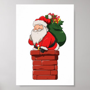 Póster Papá Noel entra en la chimenea con una bolsa de re