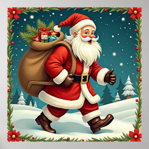 Póster Papá Noel entregando regalos a través de un bosque