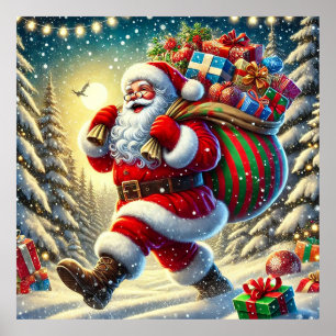 Póster Papá Noel entregando regalos en una Navidad nevada