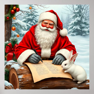 Póster Papá Noel escribiendo una carta en un bosque nevad