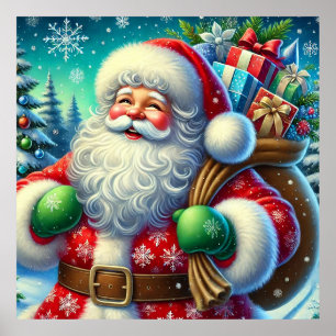 Póster Papá Noel festivo sosteniendo una bolsa de regalos