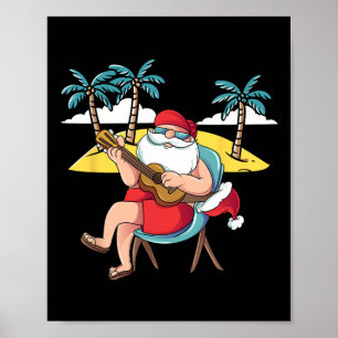 Póster Papá Noel Hawaiano Guitarra Hawaiana Navidad En J