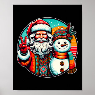 Póster Papá Noel Hippie Muñeco de Nieve Retro Navidad Boh