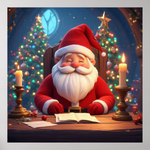 Póster Papá Noel leyendo un libro a la luz de una vela