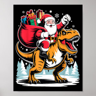 Póster Papá Noel montando dinosaurio T Rex Navidad niños
