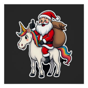 Póster Papá Noel montando un unicornio en Navidad - Chica